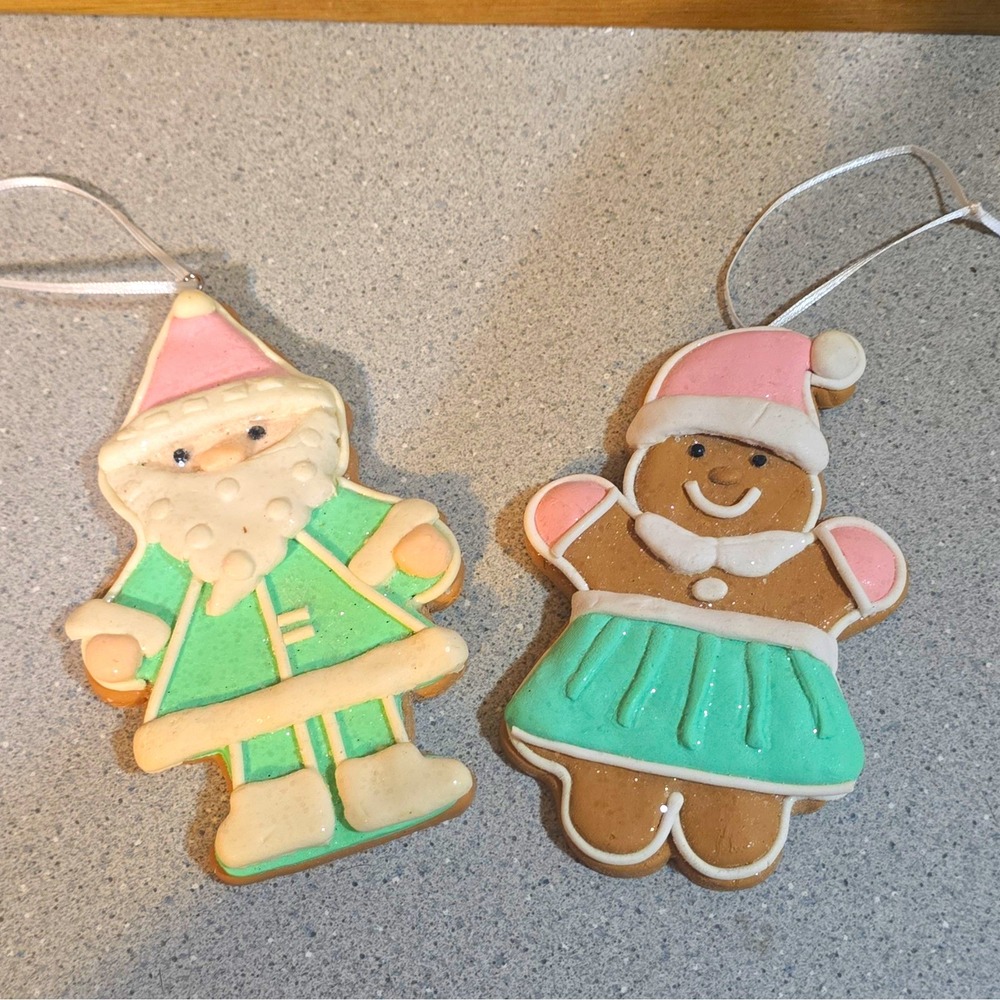 2pc Clay Hanging Christmas Ornament Set Santa & Gingerbread Girl, Candyland